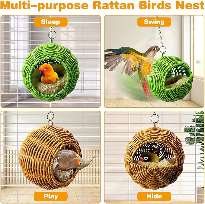 Rattan Birds Nest for Cage Hanging Parakeet House Chewproof Parrot Breeding Bed Small Budgies Hideout Swing Hut Bird Cage Accessories for Lovebirds Cockatiel Conure Finch Canary (Green)