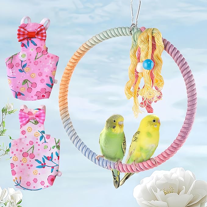 2 Pcs Bird Diapers Bird Harness Flight Suits Diapers with 80in Flying Leash Reusable Parrot Nappy with Waterproof Inner Layer for Cockatiel Budgie Conure Parakeet Lovebird-Pink&White