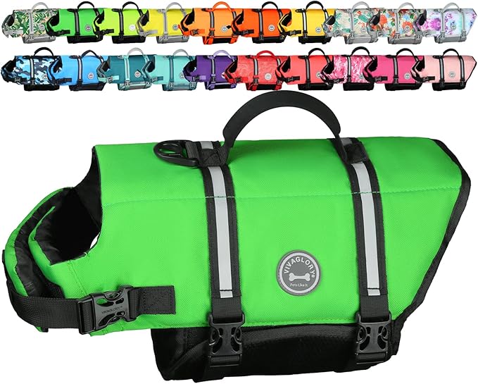 VIVAGLORY Rip Stop Dog Life Vest, Swimming Vest with Handle, Buoyancy for Doggy Puppy, Dog Life Jacket for Swimming & Boating, XS, Bright Green