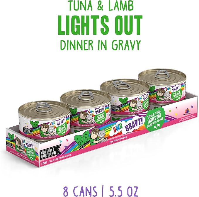 Weruva B.F.F. OMG - Best Feline Friend Oh My Gravy!, Tuna & Lamb Lights Out with Tuna & Lamb, 5.5oz Can (Pack of 8)