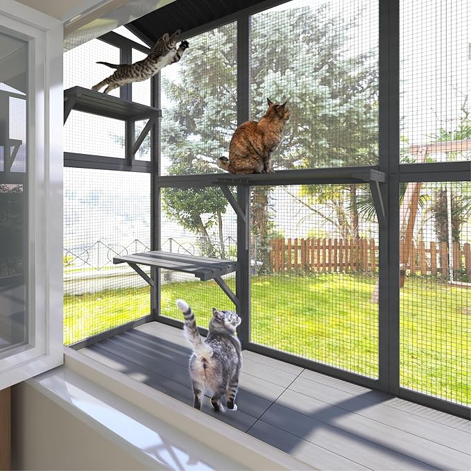 Cat Catio, Expandable Window Box Enclosure for Multiple Indoor Cats, Comfortable Wooden Small Pet Perch House, All-Weather Use, for Safely Enjoying Outdoor Sights, Playing, Sunbathing, Napping