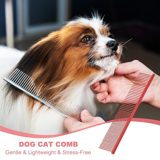 Dog Cat Comb, Pet Combs Stainless Steel Teeth with Rounded Ends for Knots Mats Loose Hair Removal, 7.5IN (Red Coated, 3 Pack), Grooming Tool Intended for Long Curly Hair Pet