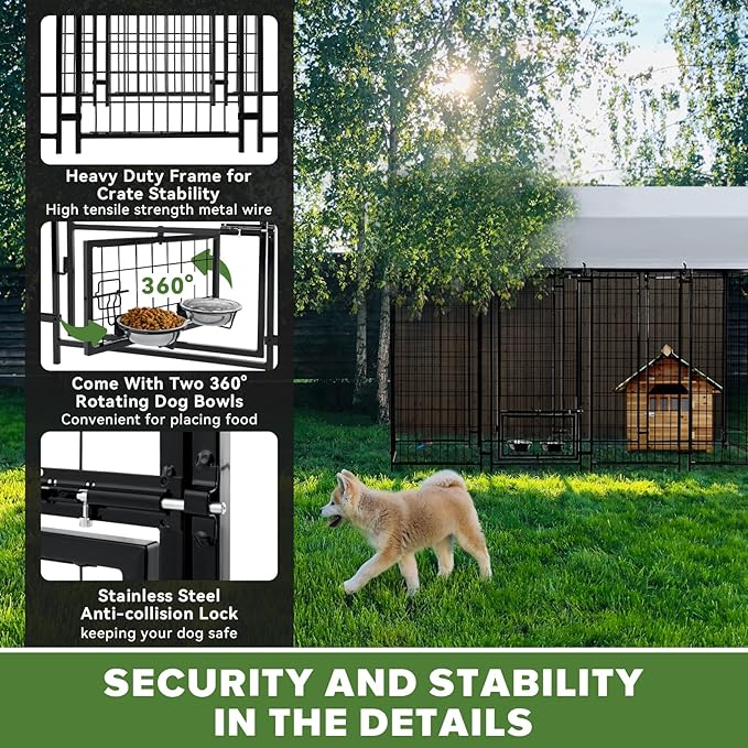 Oranland 8x4x6FT Outdoor Dog Kennel, Heavy Duty Welded Wire Steel Dog kennels with Secure Lock for Outside, Dog Pen with Waterproof Roof Cover and 2 Rotating Dog Bowls