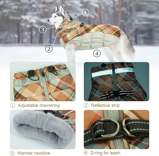 Lelepet Warm Dog Winter Coat Dog Coats for Large Dogs Waterproof Dogs Jacket with Harness Built in Reflective Cold Weather Coats Zip-Up Winter Fleece Vest Snowsuit Boston Terrier Brown Plaid L