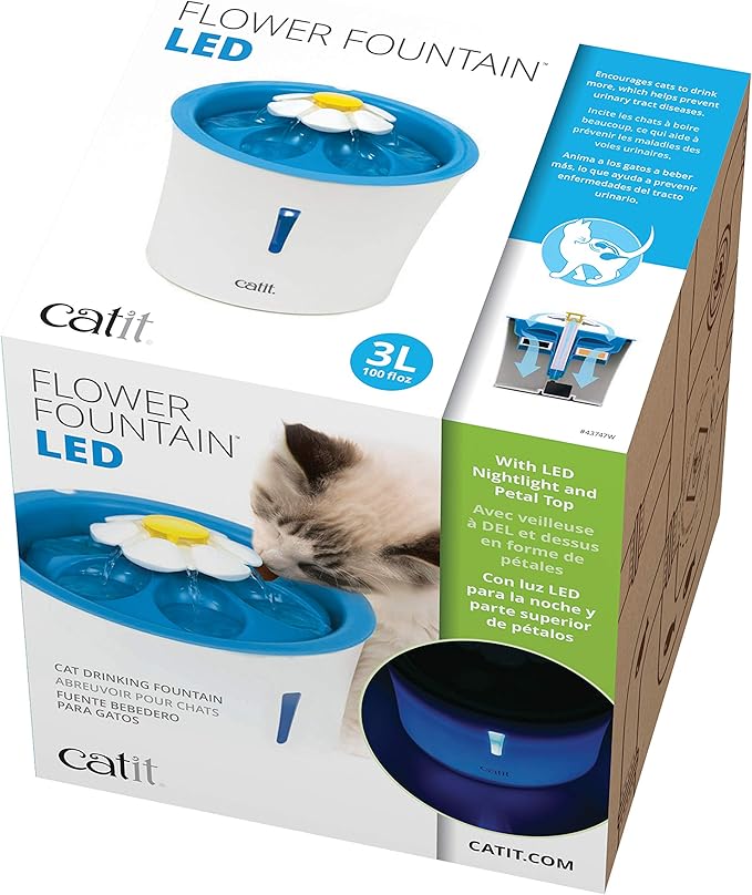 Catit LED Flower Fountain with Triple Action Filter, Cat Drinking Water Fountain, 3 L