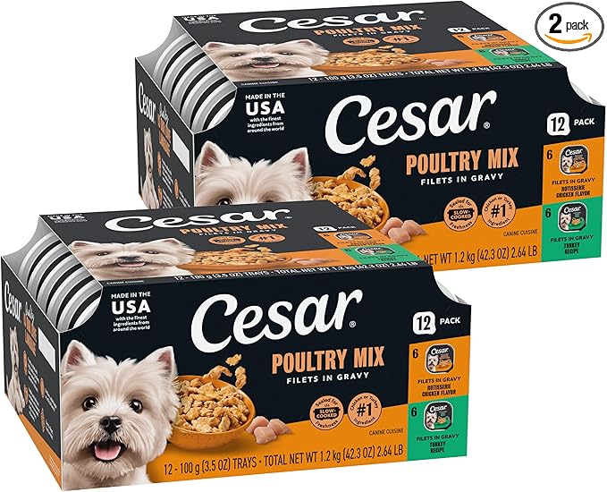 Cesar Filets in Gravy Adult Wet Dog Food Variety Pack, Poultry Lovers with Rotisserie Chicken Flavor and Turkey Recipe, 3.5 oz. Easy Peel Dog Food Tray, 12 Count (Pack of 2)