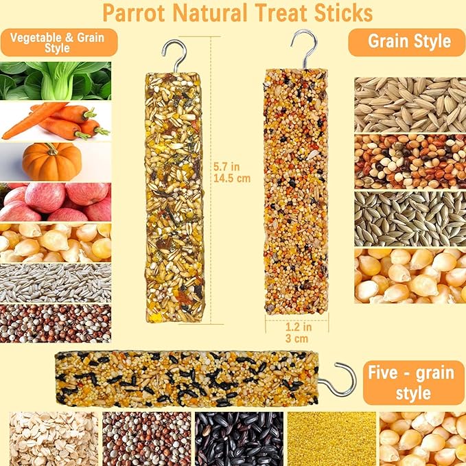 3PCS Parakeet Treats,Parrot Grains Mixed Treat Sticks,Vegetable & Grain Style Sticks,Bird Treats for Cockatiel Budgies Lovebirds Canary Conure Finches