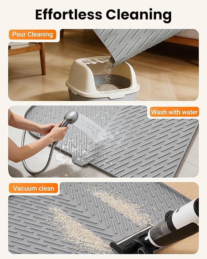 Cat Litter Box Mat, 47" x 37" Extra Large Cat Litter Mat, Silicone Waterproof Litter Trapping Mat for Scatter Control Soft on Kitty Paws Non-Slip Easy to Clean（Grey)