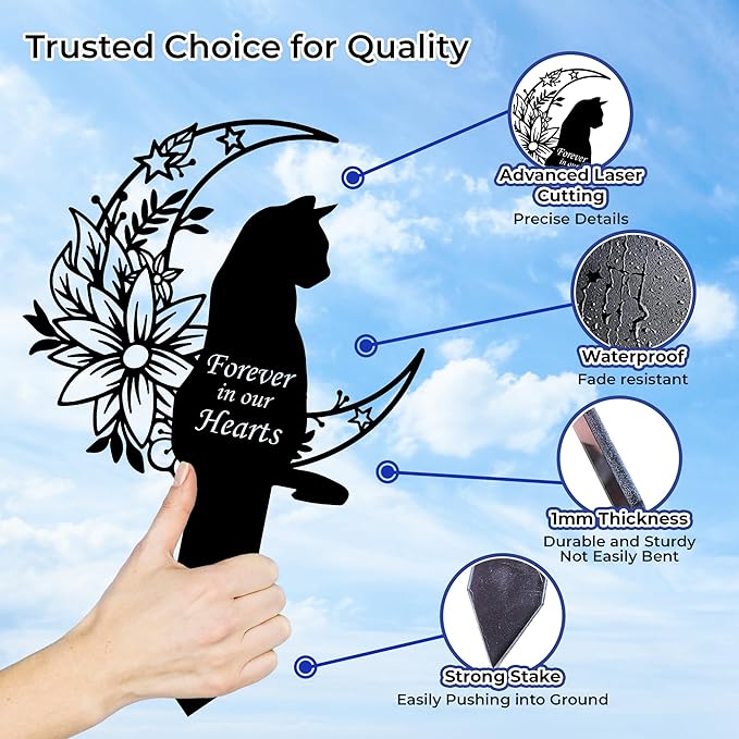 Cat Grave Marker Outdoor Memorial – 12in Metal Pet Memorial Plaque with Garden Moon Cat, Weatherproof Headstone for Yard or Indoor Tribute, Sympathy Gift for Loss of Pet