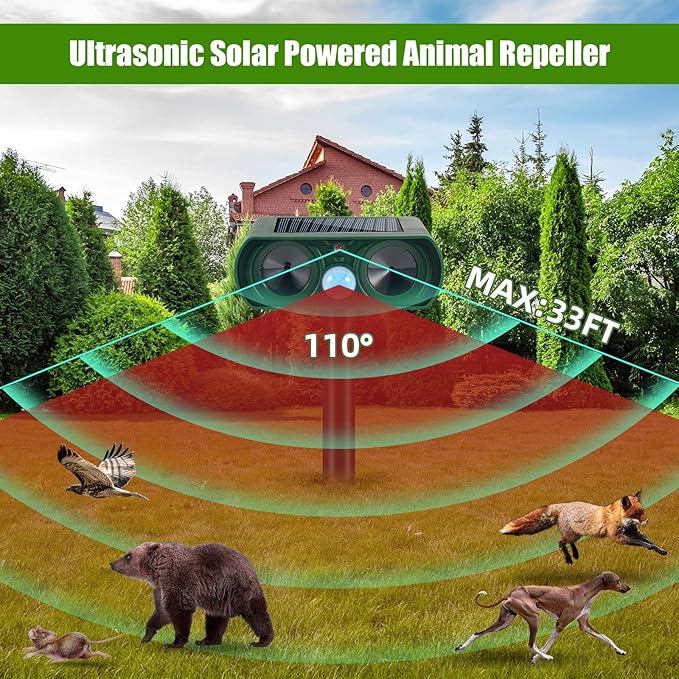 Ultrasonic Animal Repeller Outdoor Deer Repellent Sonic Cat Deterrent Motion Activated Solar Animal Repeller Waterproof Solar Repeller, Keep Dog Raccoon Rabbit Fox Squirrel Out of Yard (1)