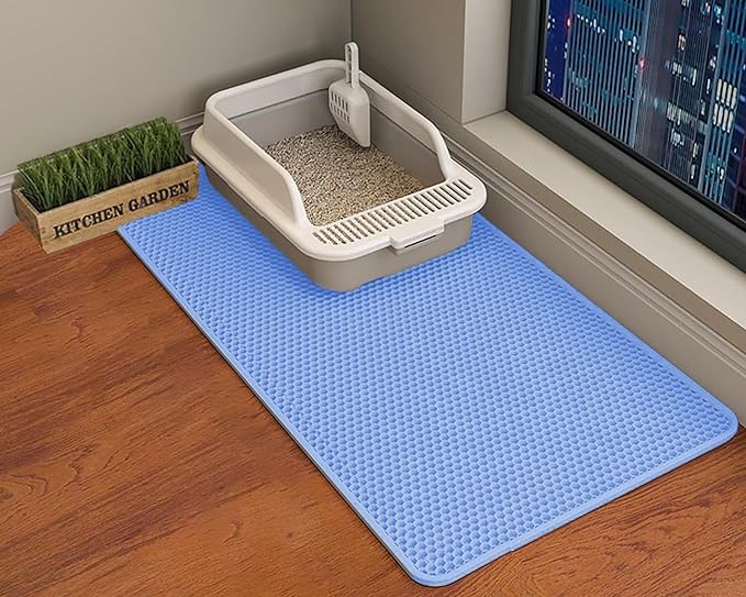 HCY&WLD Cat Litter Mat, Honeycomb Double Layer Cat Litter Trapping Mat, Waterproof Urine Proof Non-Slip, Scatter Control, Less Waste, Easier to Clean (Blue, 45" X 26")