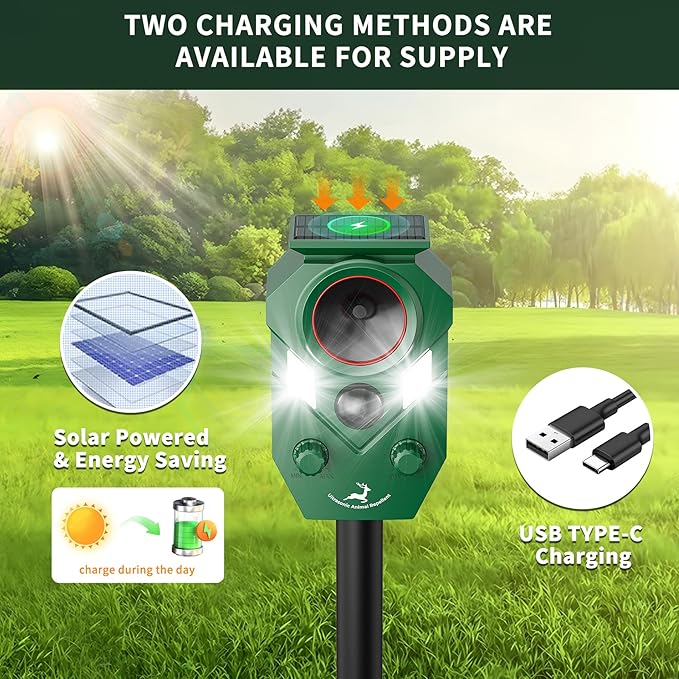 4 Pack Ultrasonic Deer Repellent Devices Outdoor, Solar Animal Repellent Outdoor for Yard Garden Rabbit Repellent Device Effective Repel Cat, Dog, Squirrel, Deer, Raccoon, Rabbit, and Skunk