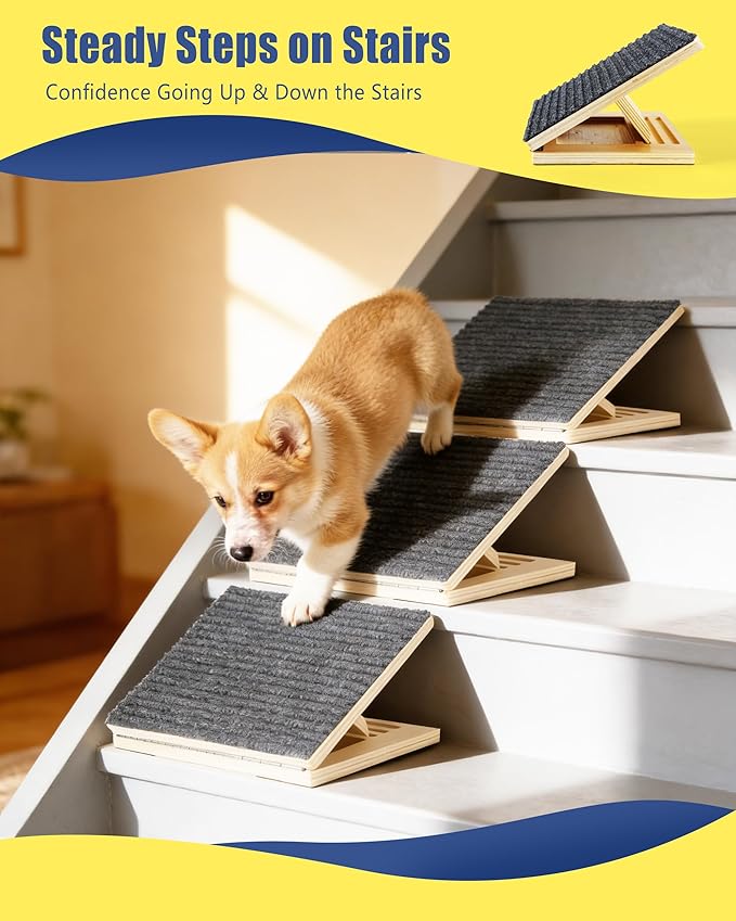 Pet Stair Ramp for Small Dogs, 4 Pack Foldable Wooden Dog Steps for Stairs, Anti-Slip Low-Angle Support for Senior, Short-Legged & Injured Pets