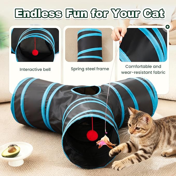 Love’s Cabin Cat Tunnel for Indoor Cats, 3-Way Collapsible Play Tunnel with Teaser Wand, Peek Holes & Toy Ball, Small Pet Toy for Kittens & Rabbits, Black & Blue, Small Size