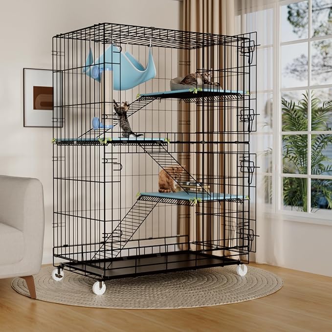 4-Tier Cat Cage Indoor: Large Cat Enclosure Pet Playpen Detachable Metal Wire Kennel Collapsible Crate with Scratching Post & Plush Pads & Hammock for Cats Kittens