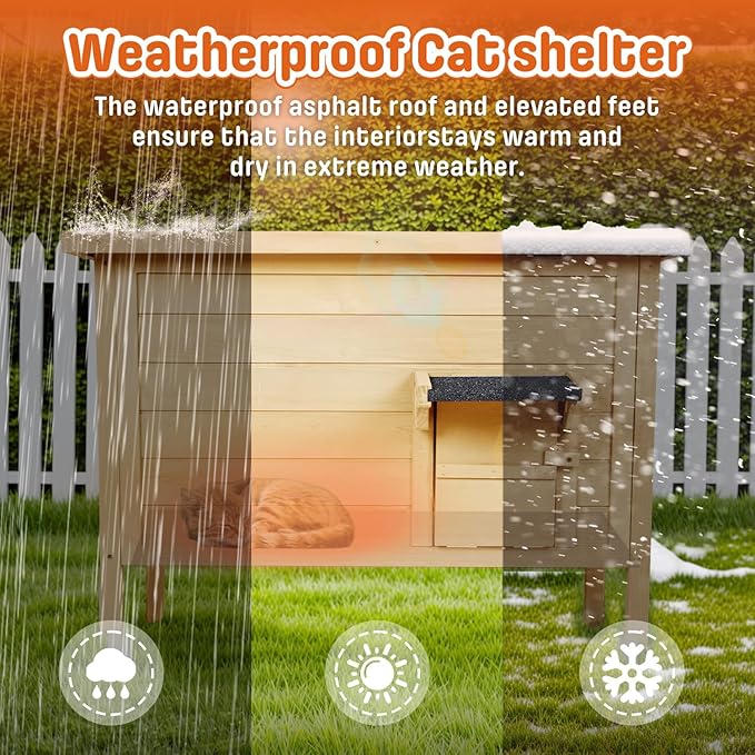 BRIOPAWS Feral-Outdoor-Cat-House-Insulated | Outside-Cat-Shelter for Winter | Weatherproof | Large Wooden Pet House for Multiple Cats | Foldable Ladder | Acrylic Side Window | Brown