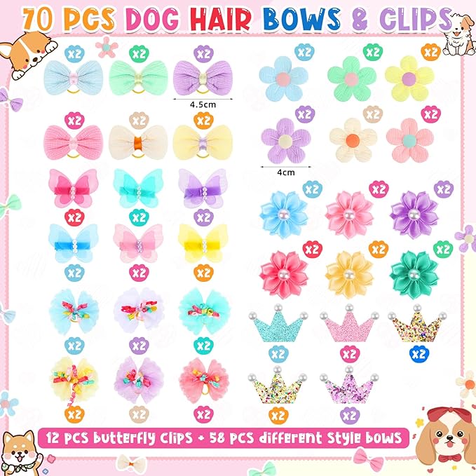 70 Pcs Dog Hair Bows Bulk Cute Flower Butterfly Crown Pearl Puppy Hair Clips Pastel Macaron Pet Accessories for Dog Cat Holiday Party Birthday Grooming