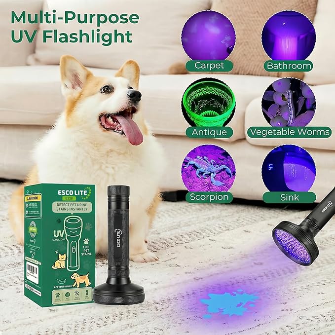 ESCO LITE UV Flashlight Black Light, 100 LED 395 nM Ultraviolet Flashlights UV Blacklight Detector for Dog Urine, Pet Stains and Bed Bug