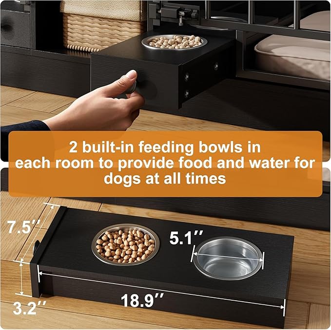 GAOMON Dog Crate Furniture for 2 Dogs, 78.7'' Large Dog Kennel Indoor with 2 Storage Drawers, 3 Shelves and Feeding Bowls, Double Dog Crate TV Stand for Small and Medium Dogs, Black