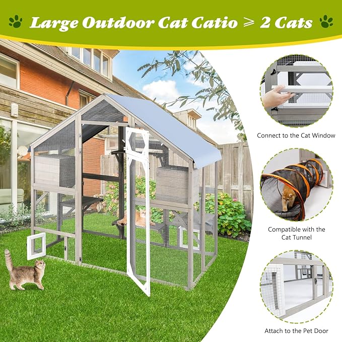 PetsCosset Cat Catio Outdoor Enclosure Outside Patio Large Catio House for Indoor 2-3 Cats Weatherproof Wooden Walk in Kitty Kennel Cage,Versatile Use for House's Window,Pet Doors, Tunnel - 71" H