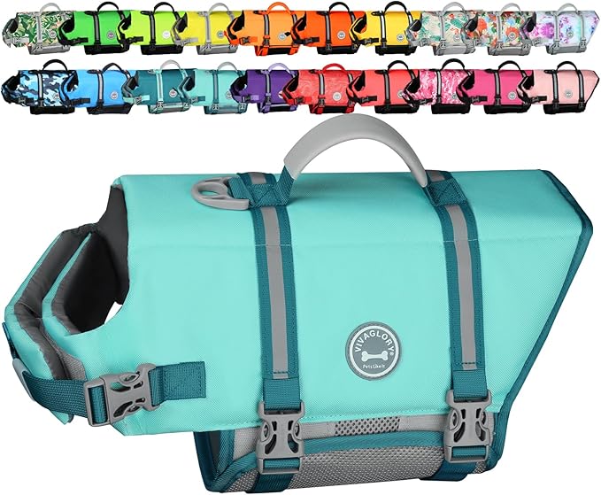 VIVAGLORY Rip Stop Dog Life Vest, Swimming Vest with Handle, Buoyancy for Doggy Puppy, Dog Life Jacket for Swimming & Boating, XL, Cyan