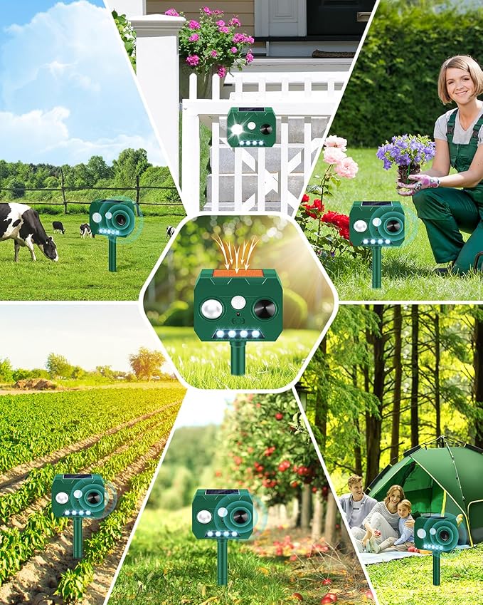Solar Ultrasonic Animal Repellent Outdoor, 4 Pack Cat Repellent Outdoor Deer Repellent Devices with PIR Motion Sensor ＆ LED Flash, Waterproof Squirrel Repeller, Cat, Raccoons, Rabbits, Deer, Skunk
