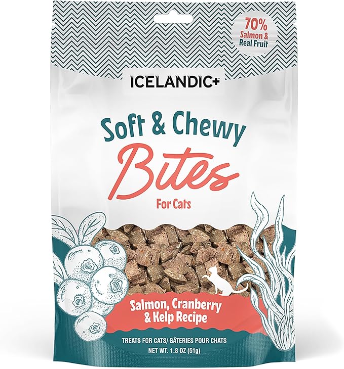Icelandic+ Soft & Chewy Bites - Salmon, Cranberry & Kelp - 1.8oz Cat Treats, 70% Meat & Fruit, Air-Dried, Limited Ingredients, Pet Snack, Grain Free