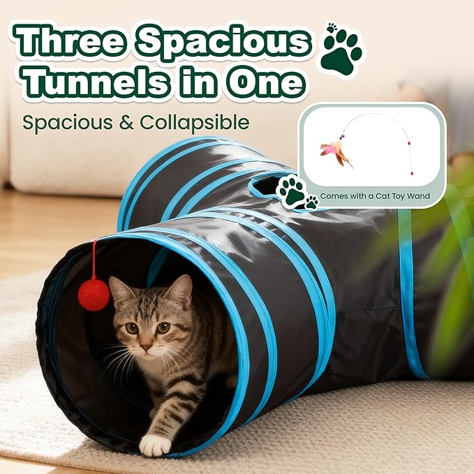 Love’s Cabin Cat Tunnel for Indoor Cats, 3-Way Collapsible Play Tunnel with Teaser Wand, Peek Holes & Toy Ball, Small Pet Toy for Kittens & Rabbits, Black & Blue, Medium Size