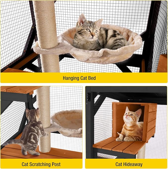 Aivituvin Catio Outdoor Cat Enclosure Wooden Cat Cage with Window Access Large Kitty House on Wheels 62.4’’ Indoor Patio Black