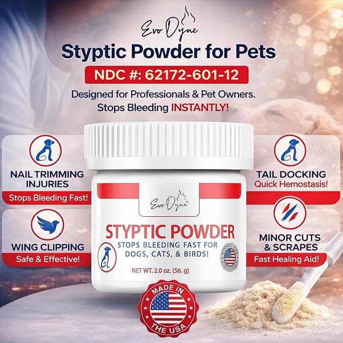 3-PK Styptic Powder for Dogs, Cats, and Birds (2 oz) by Evo Dyne | Fast-Acting Blood Stop Powder for Pets | Quick Stop Bleeding for Dog Nail Clipping, Grooming, Cuts and More (3-Pack)
