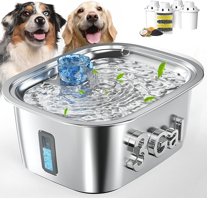 PETNF 3-Gallon Stainless Steel Dog Water Fountain for Large Dogs, Dog Water Bowl Dispenser with 4 Filters, Visible Water Window, Quiet Pump & LED Low-Water Indicator