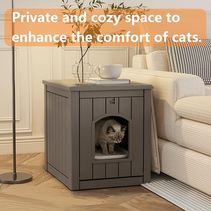 Cat Litter Box Enclosure, Waterproof Resin Hidden Litter Box Furniture Side Table with Openable Front Door for Small Pets, Indoor & Outdoor Use (Grey)