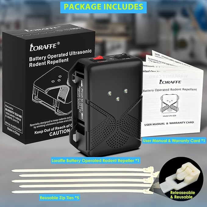 Ultrasonic Rodent Repellent for Car Engine – Battery Powered Under Hood Mouse Repeller with Flashing Strobe Light, Keeps Rats and Mice Away from Vehicle, Automobile, Truck, Garage, Attic, Barn, Shed
