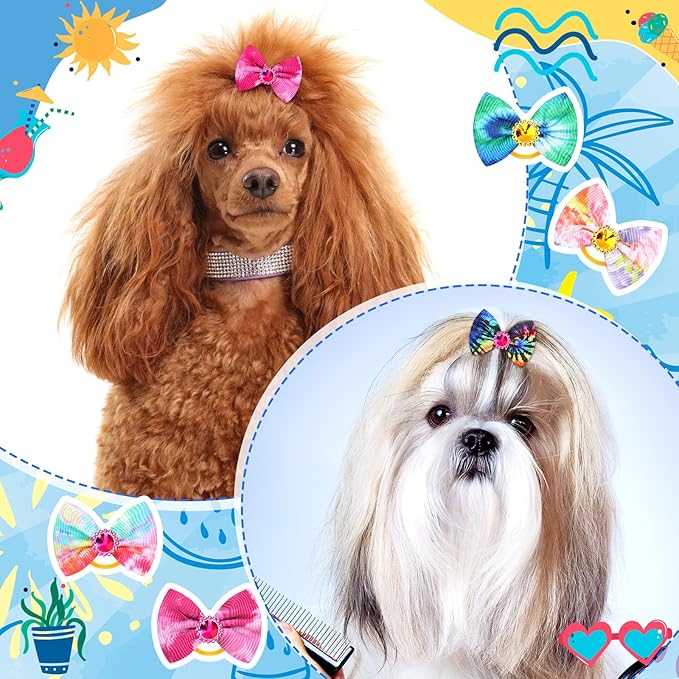 Tondiamo 100 Pack Tie Dye Dog Hair Bows for Dogs Spring Dog Hair Bows with Rubber Bands Puppy Rhinestone Grooming Dog Hair Accessories for Small Girl Dogs