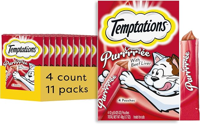 Temptations Creamy Puree Squeezable Lickable Cat Treats, Wet Cat Treats with Beef Liver, 0.42 oz. Tubes, 4 Count, Pack of 11 (44 Total)