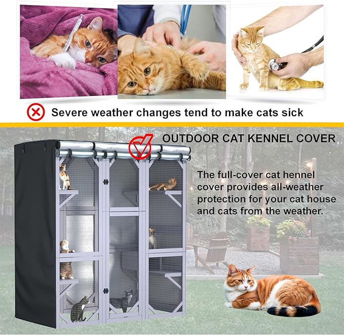 Outdoor Cat House Cover 63" L x 33" W x 70" H - 600D Waterproof Protective Cover for Large Cat Catio Enclosures, Full Coverage Protection, Secure Fit (Cover Only)