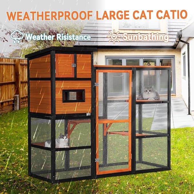 Petsfit Catio Outdoor Cat Enclosure, Cat Catio Outdoor with 4 Tries, 2 Resting Room, 4 Platforms and Waterproof Roof, Orange