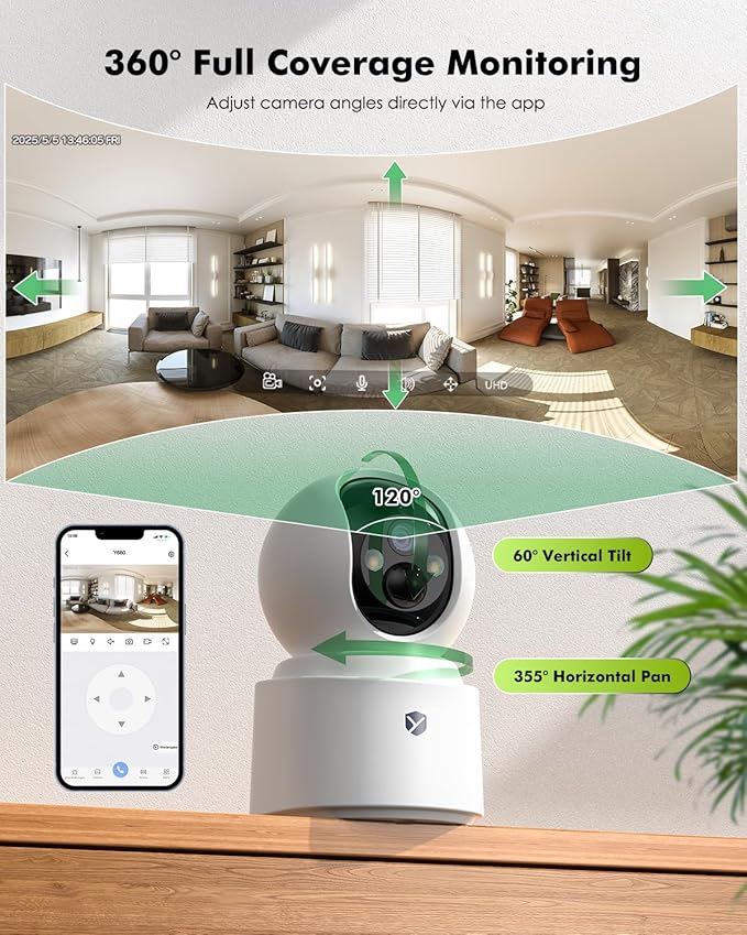 Battery Powered Indoor Camera Wireless, PTZ Pet Camera with 6000mAh Rechargeable, Dual-Band WiFi, 2.5K 4MP Color Night Vision, SD/Cloud Storage, 2-Way Audio, APP Remote, Cat/Dog/Kids/Home Monitoring