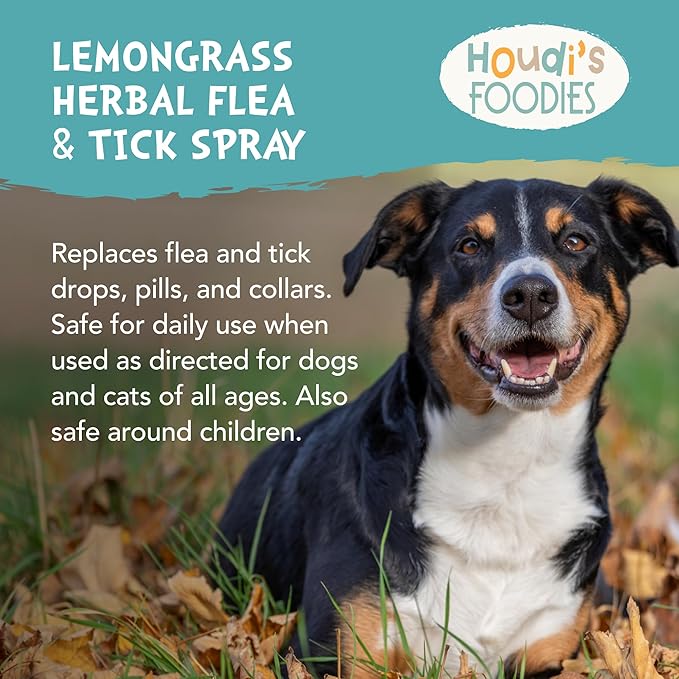 Houdi's Foodies Herbal Flea & Tick Pet Spray by North American Herb & Spice - Lemongrass Scent - 4 fl oz - Kills & Repels Fleas, Ticks + Mosquitoes - DEET-Free, Plant-Based Formula