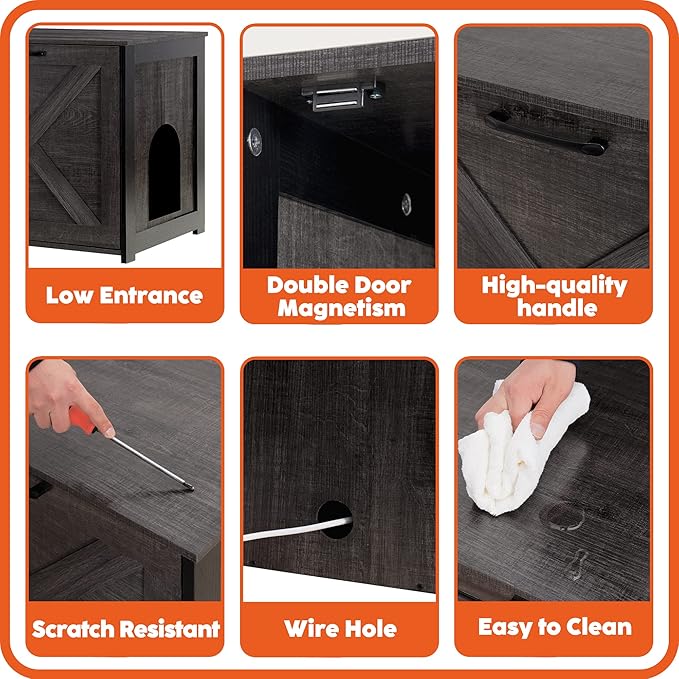 Dwanton Cat Litter Box Furniture Hidden, Cat Litter Box Enclosure, Reversible Entrance Can Be on Left or Right Side, Indoor Cabinet, Wooden Washroom, End Table, Nightstand, Dark Gray, 23.6" L