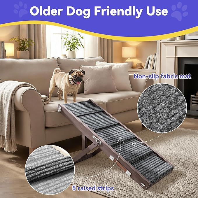 Pawaboo 2026 Upgraded Dog Ramp for Couch, Foldable Small Dog Ramp for Sofa, 4 Adjustable Height from 13'' to 21", Portable Stable Pet Step with Non-Slip Pad, Pet Ramps Use for Couch Stairs,Grey Purple