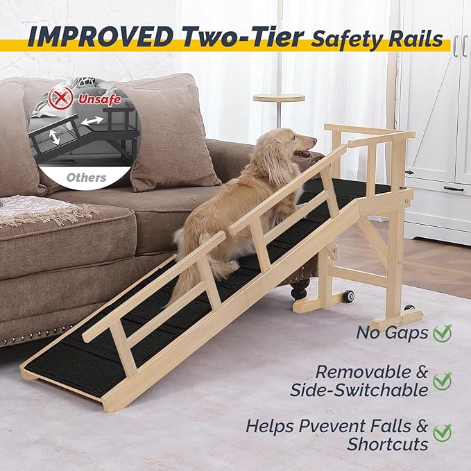 Dog Ramp for Bed or Couch, Wooden Pet Ramp with 20° Gentle Slope, Removable Side Rails, Non-Slip Surface, Top Platform & Wheels, Safe Bed Ramp for Small, Large & Senior Dogs, 60" Long, Natural