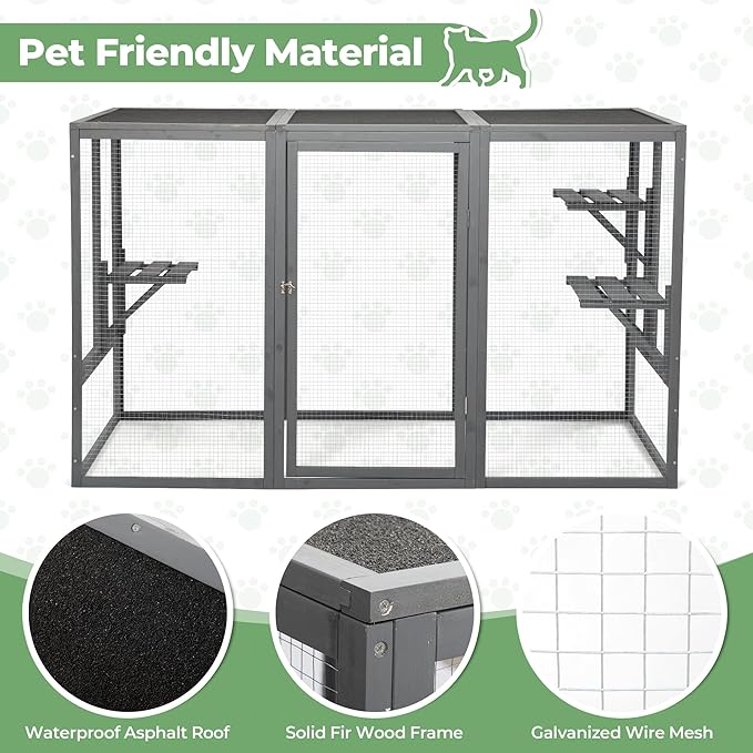 Catio Outdoor Cat Enclosure, Large 71" Catio Window, Heavy Duty Steel Mesh Cat Patio with Lockable Door, Large Catios for Balcony, Grey