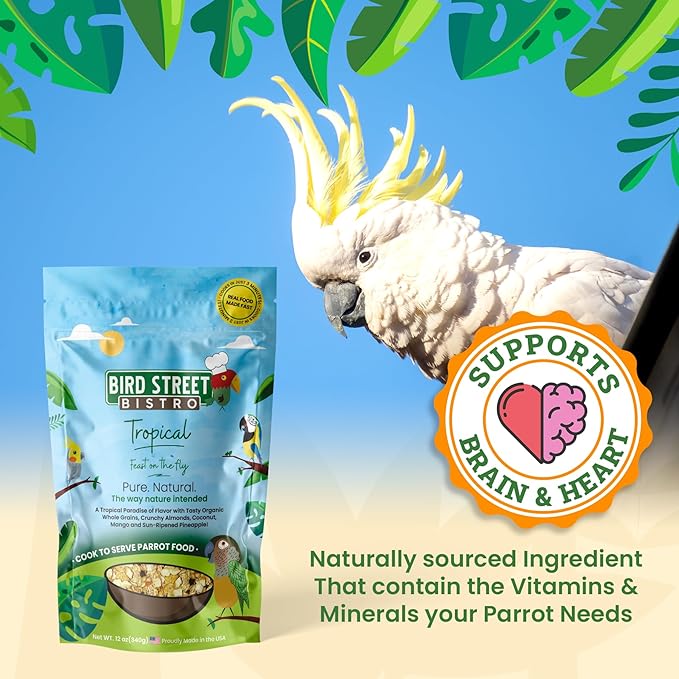 Bird Street Bistro Parrot Food for Parakeets & Cockatiels - Tropical - 18 oz - Cooks in 3-15 min, Natural Wholesome Grains, Fruits & Vegetables - USA Made