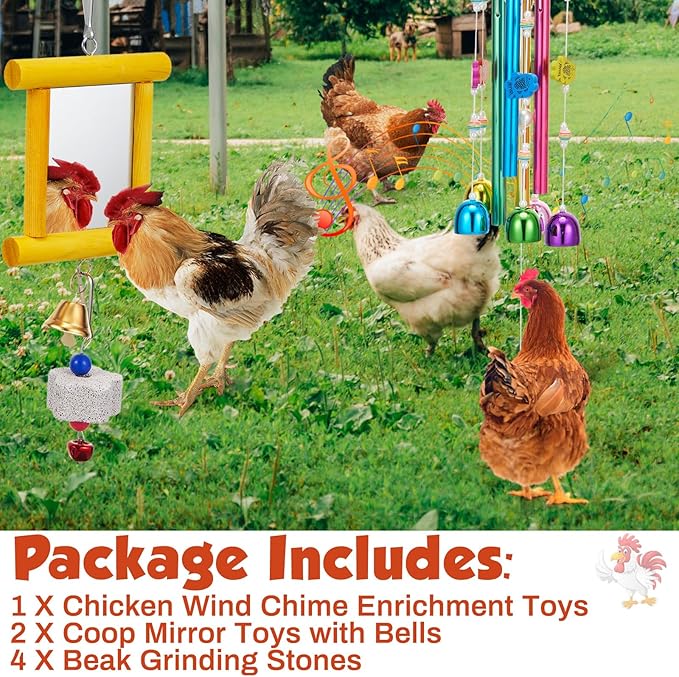 7 Pcs Chicken Toys, Hanging Chicken Wind Chime, 2 Pcs Coop Mirror Toys with Bells 4 Pack Beak Grinding Stones, Musical Coop Accessories for Hens Roosters Chicks Poultry Birds(Yellow，Green)