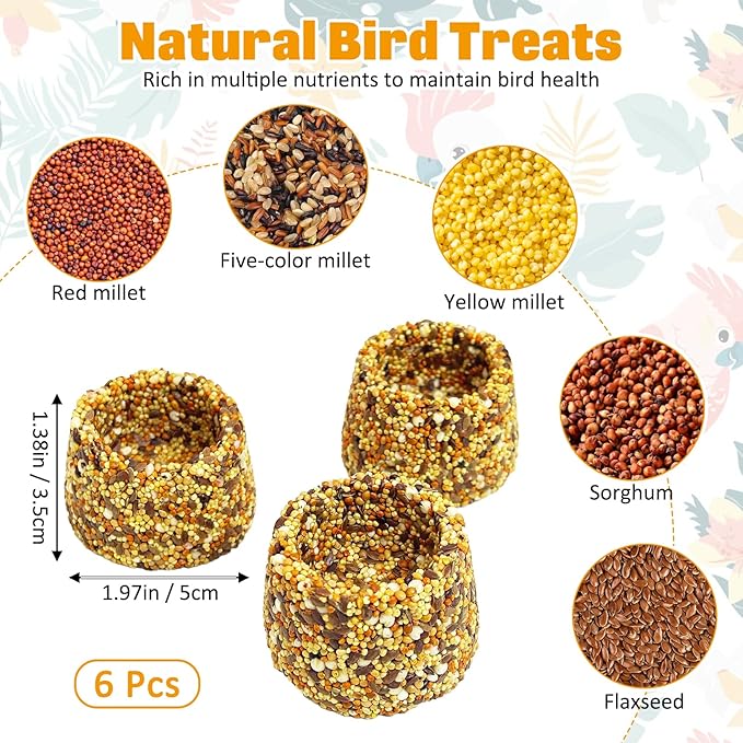 PINVNBY 6 PCS Parrot Treats Natural Grains Cockatiel Treats Bowl Shape Budgie Snacks Edible Bird Chewing Toys for Parrots Parakeet Conure Lovebird Finch Canary
