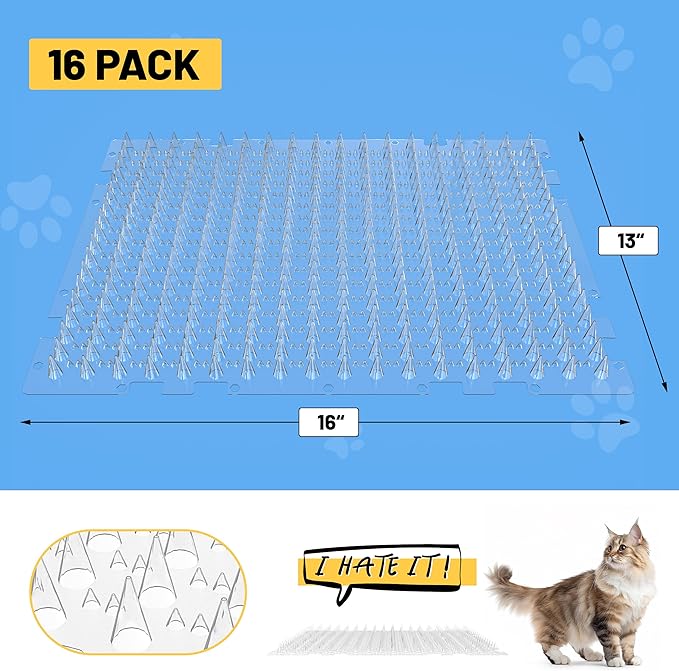 Scat Mat for Cats 16 x 13 Inch, 16 Pack Cat Deterrent Mat Outdoor Indoor, Cat Spikes with 100 Stickers