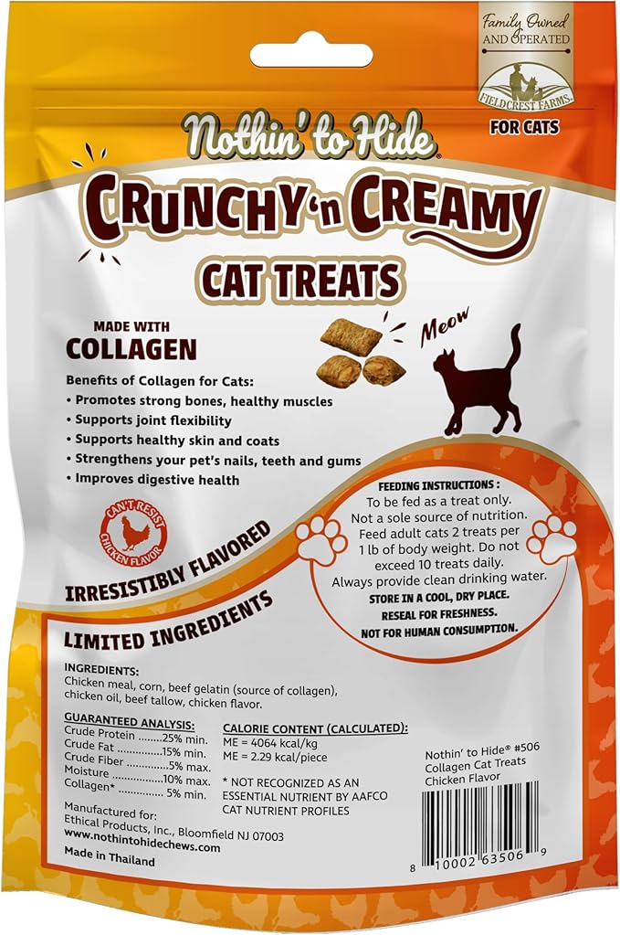 Fieldcrest Farms Nothin’ to Hide Collagen Cat Treats – Crunchy & Creamy Cat Snacks, High-Protein Treats for Healthy Skin, Coat & Joints, Chicken Flavor, 3 oz.