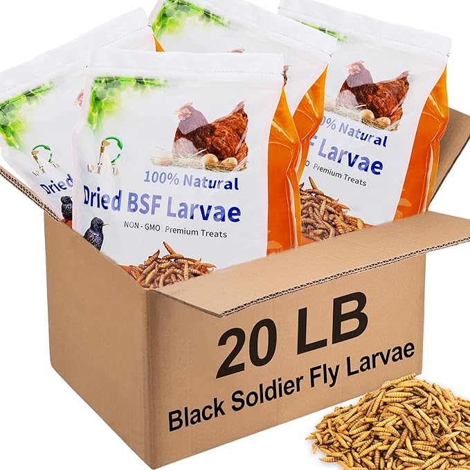 BSF Larvae 85X Calcium Than Dried Meal Worms 20LB(5lbx4) for Chicken Feed - Bulk Black Soldier Fly Larvae Poultry Treats - BSF Grubs Non-GMO Food High Protein Meal Worms for Hens,Wild Bird