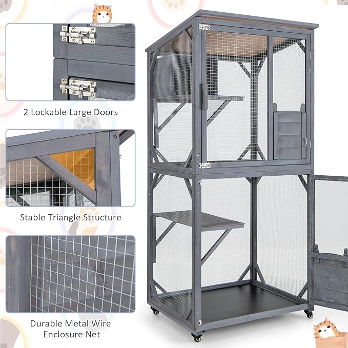 Tangkula Catio Outdoor Cat Enclosure, 72 Inch Wooden Cat House on Wheels with Resting Box, 2 Platforms & Weatherproof Asphalt Roof, Large Kitty Cat Condo Cage Playpen with Enter Doors & PP Layer